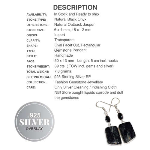 Natural Outback Jasper and Black Onyx Gemstone set in .925 Sterling Silver Plated Handmade Earrings