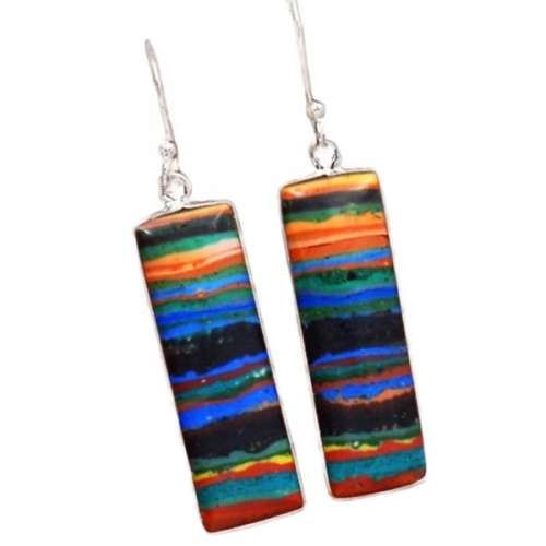 Vibrant Rainbow Calsilica set in Solid. 925 Sterling Silver Earrings and Pendant Set