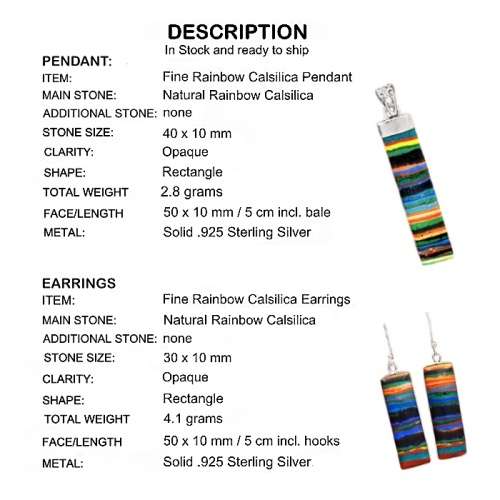 Vibrant Rainbow Calsilica set in Solid. 925 Sterling Silver Earrings and Pendant Set