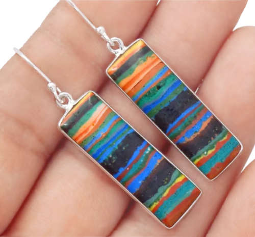 Vibrant Rainbow Calsilica set in Solid. 925 Sterling Silver Earrings and Pendant Set
