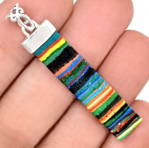 Vibrant Rainbow Calsilica set in Solid. 925 Sterling Silver Earrings and Pendant Set