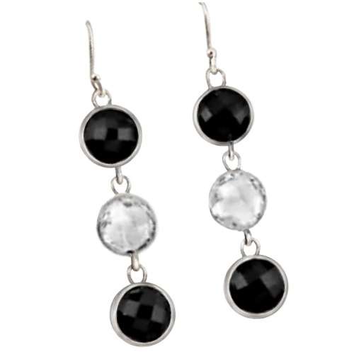 Natural Black Onyx , White Topaz Gemstone set in Solid .925 Sterling Silver Earrings