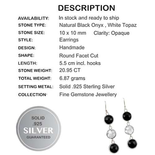 Natural Black Onyx , White Topaz Gemstone set in Solid .925 Sterling Silver Earrings