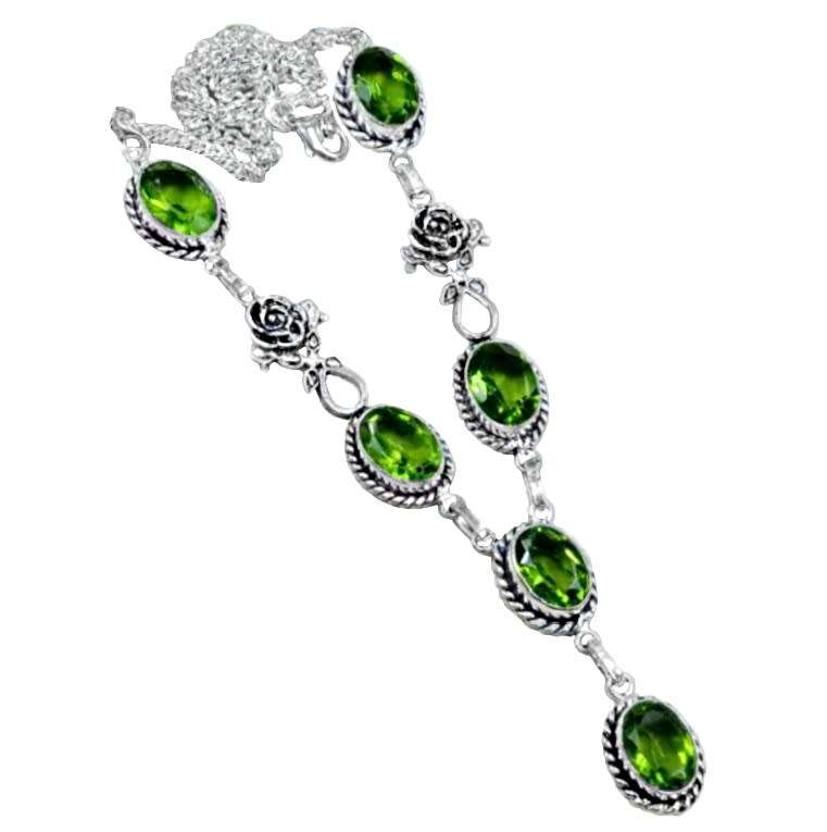 Handmade Faceted Peridot Oval Gemstone Rose Charm .925 Silver Necklace