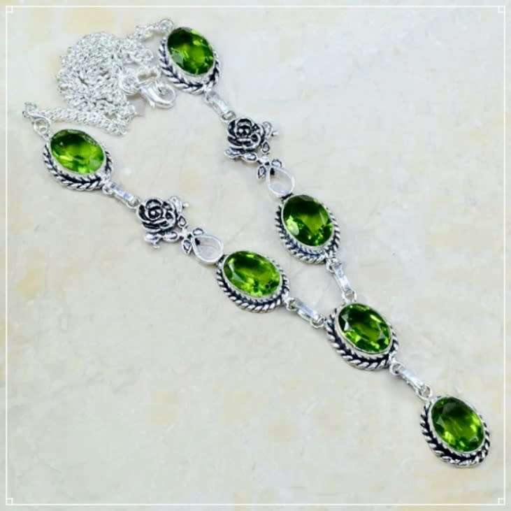 Handmade Faceted Peridot Oval Gemstone Rose Charm .925 Silver Necklace