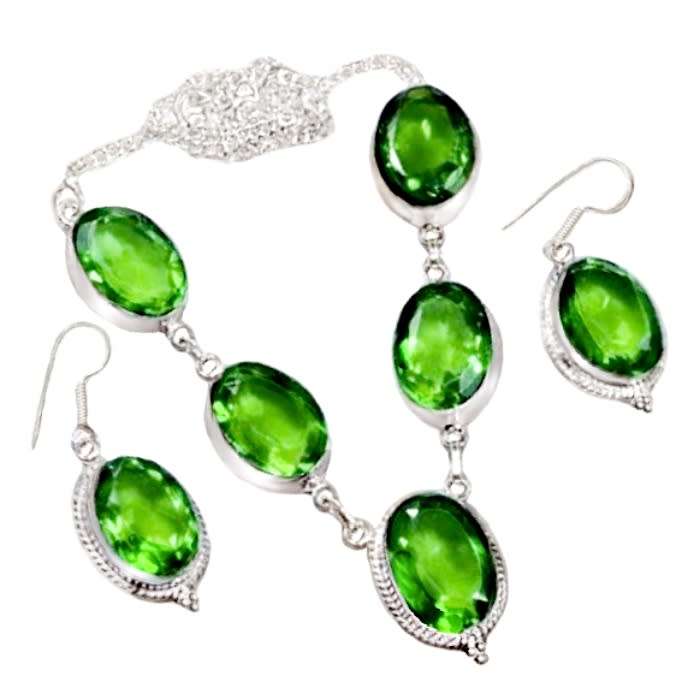 Faceted Peridot Ovals set in .925 Sterling Silver Plated Handmade Necklace and Earrings Set