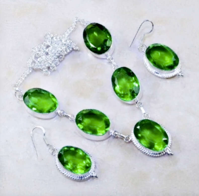 Faceted Peridot Ovals set in .925 Sterling Silver Plated Handmade Necklace and Earrings Set