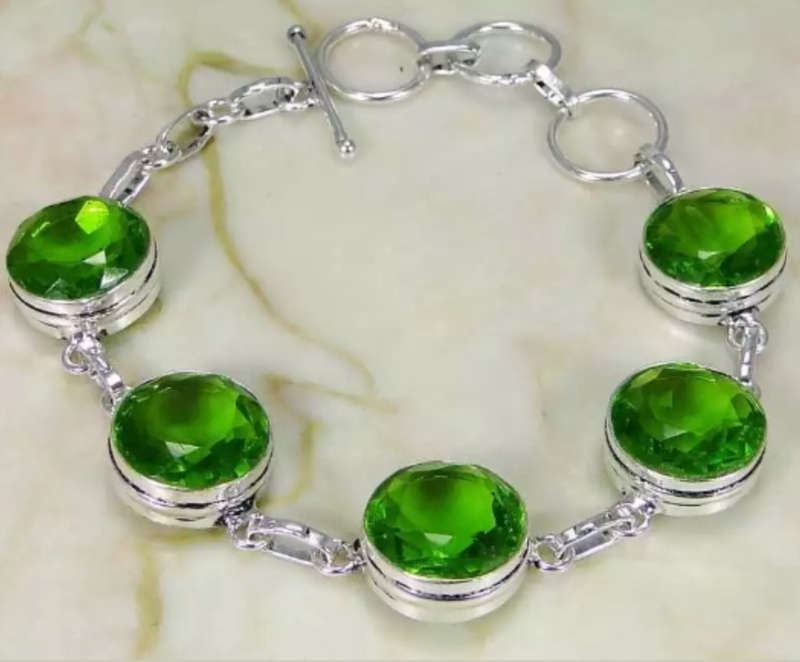 Faceted Peridot Rounds Gemstone set in  .925 Sterling Silver Plated Handmade Bracelet