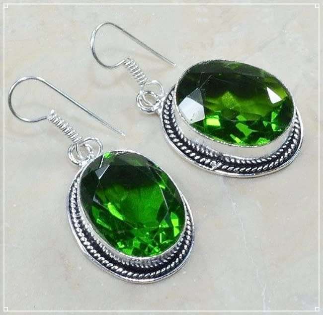 Peridot Oval set in .925 Sterling Silver Plated Handmade Antique Style Earrings