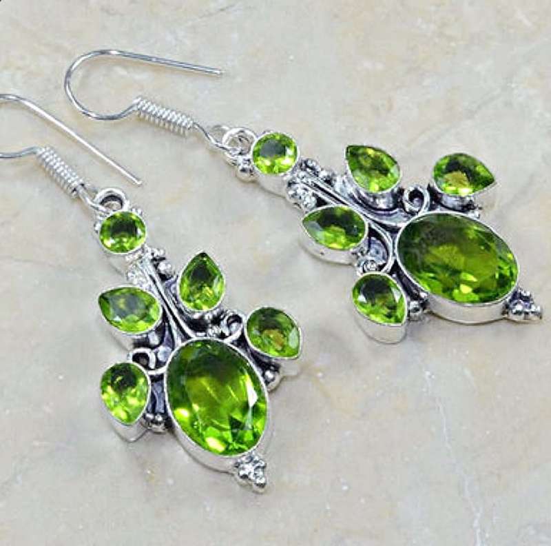 Indonesia Bali Java- Peridot Mixed Shape Gemstones set in .925 Sterling Silver Plated Earrings