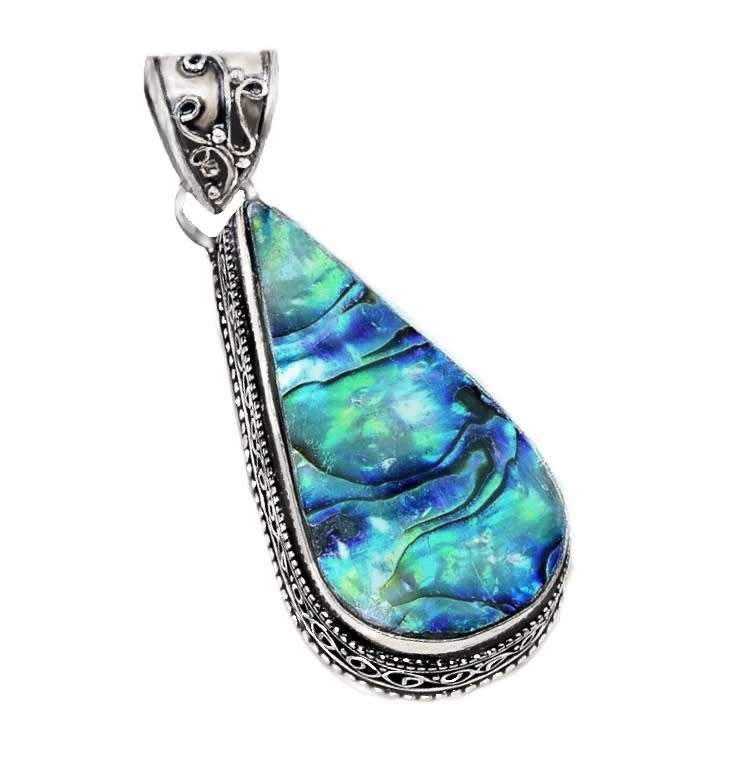 Handmade Natural New Zealand Abalone (Paua Shell) Pear Shape 925 Sterling Silver Pendant