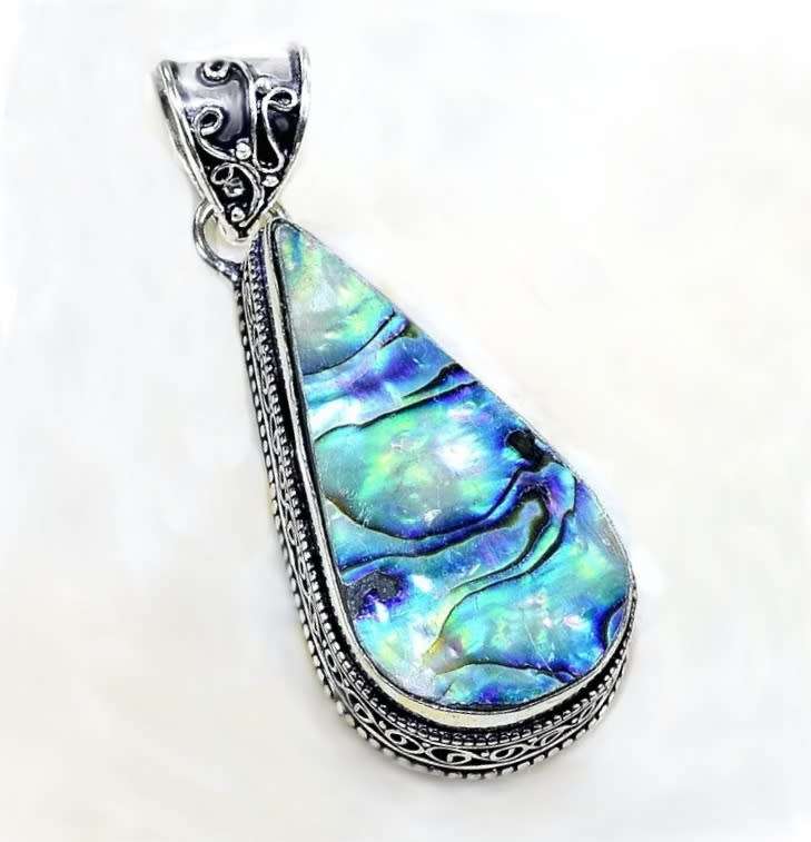 Handmade Natural New Zealand Abalone (Paua Shell) Pear Shape 925 Sterling Silver Pendant
