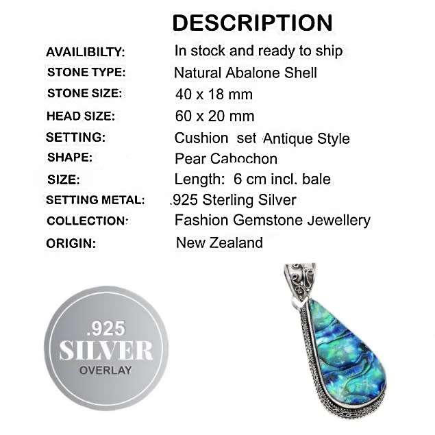 Handmade Natural New Zealand Abalone (Paua Shell) Pear Shape 925 Sterling Silver Pendant