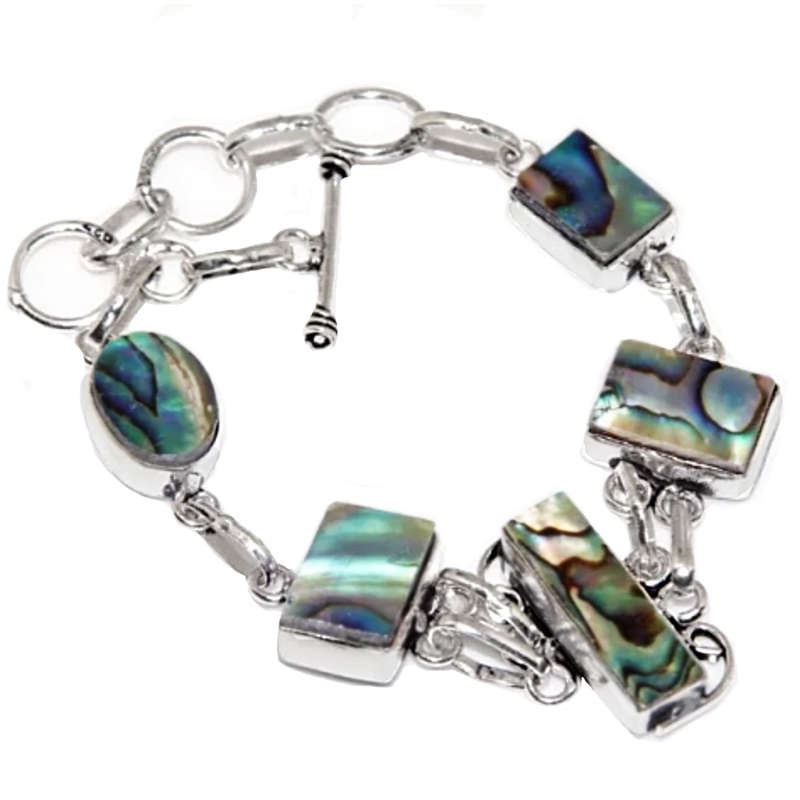 New Zealand Natural Mixed Shapes Abalone Paua Shell Set in .925 Sterling Silver Plated Bracelet