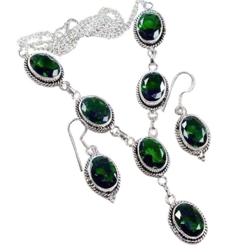 Handmade Emerald Quartz Oval Gemstone 925 Sterling Silver Plated Necklace and Earrings Set
