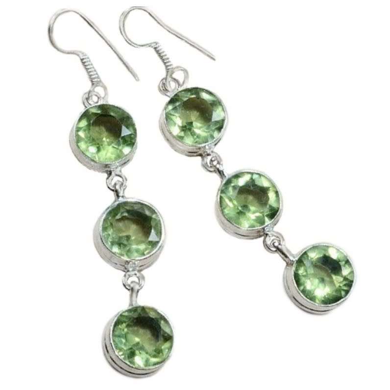 Green Amethyst Round Gemstones set in .925 Sterling Silver Plated Long Handmade Earrings
