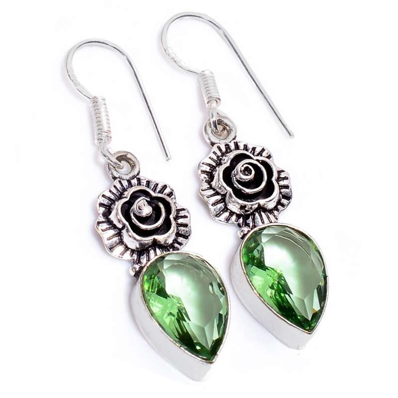 Green Amethyst Pear Shape Gemstone set in .925 Sterling Silver Plated Handmade Earrings