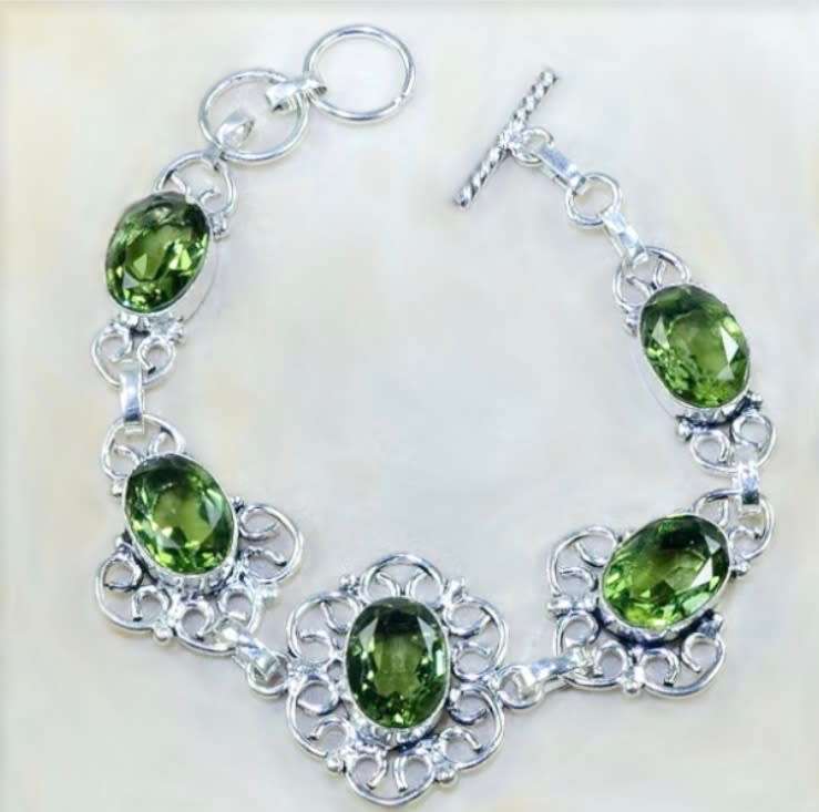 Green Amethyst Ovals set in .925 Sterling Silver Plated Handmade Antique Style Bracelet