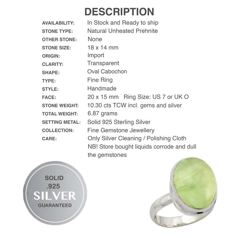 10.30 cts Natural Scottish Moss Prehnite Oval Gemstone set in Solid .925 S/ Silver Ring Size 7 or O
