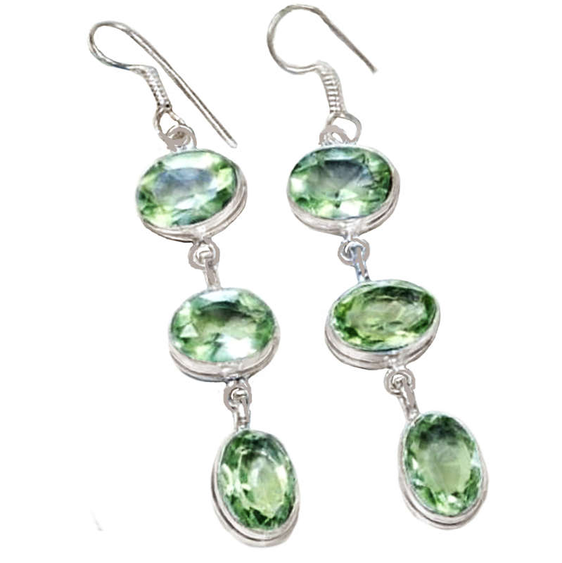 Green Amethyst Oval Gemstones set in .925 Sterling Silver Plated long Handmade Earrings