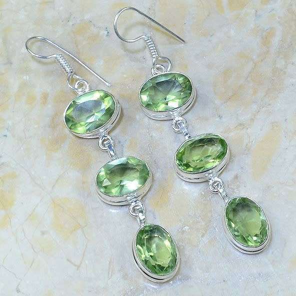 Green Amethyst Oval Gemstones set in .925 Sterling Silver Plated long Handmade Earrings