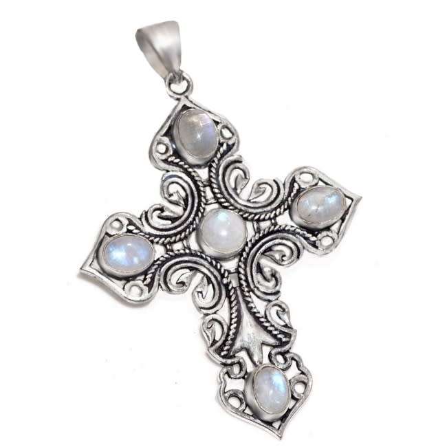 Handmade Antique Style Natural Rainbow Moonstone  .925 Sterling Silver Cross Pendant