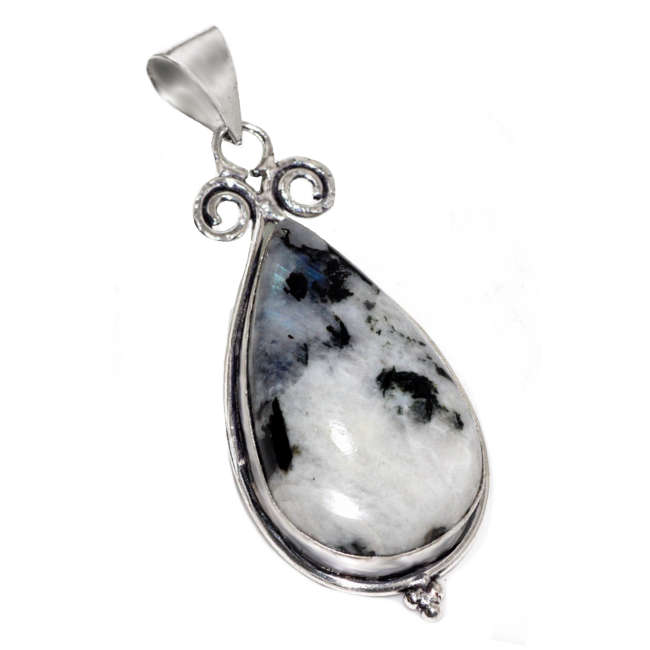 Handmade Antique Style Natural Rainbow Moonstone Pear .925 Sterling Silver Plated Handmade Pendant
