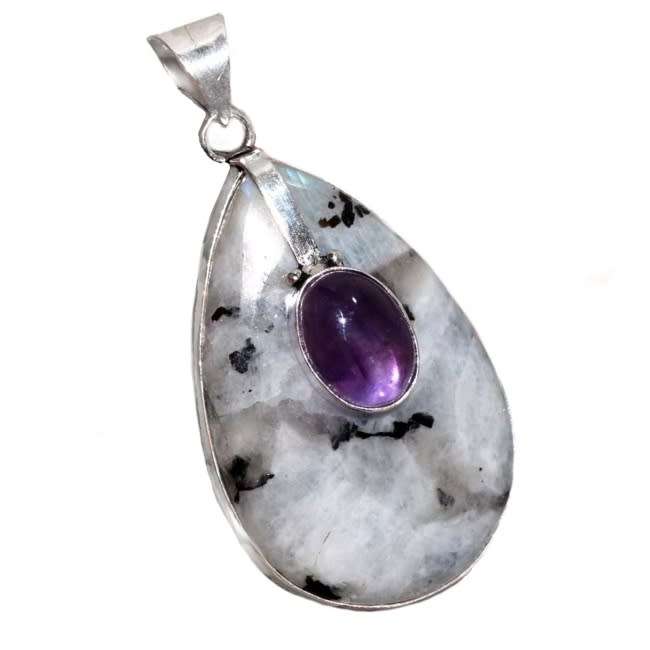 Natural Rainbow Moonstone and Purple Amethyst in .925 Sterling Silver Plated Handmade Pendant