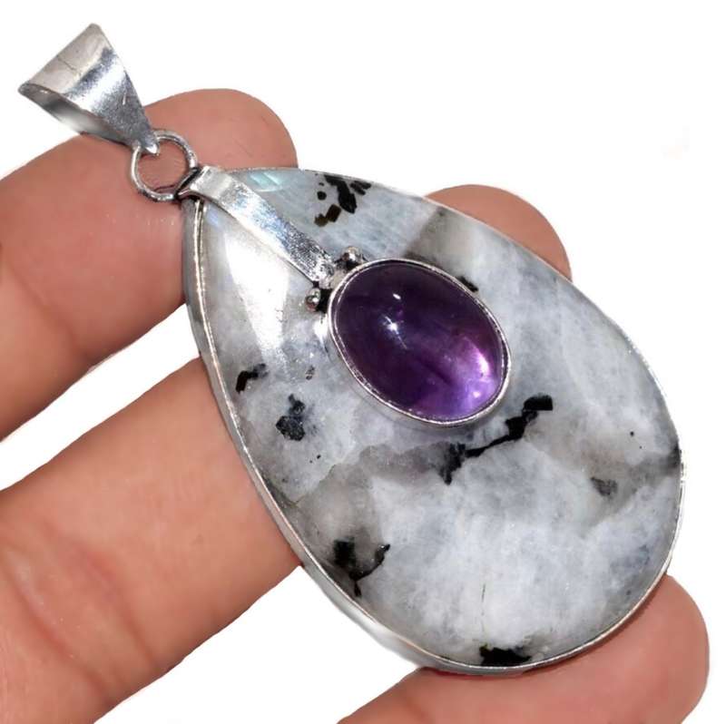 Natural Rainbow Moonstone and Purple Amethyst in .925 Sterling Silver Plated Handmade Pendant