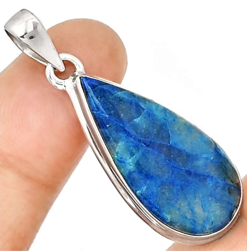VERY RARE  Natural Lightning Azurite with Quartz set in Solid .925 Sterling Silver Pendant