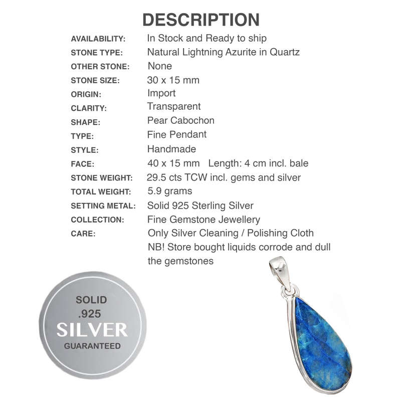 VERY RARE  Natural Lightning Azurite with Quartz set in Solid .925 Sterling Silver Pendant