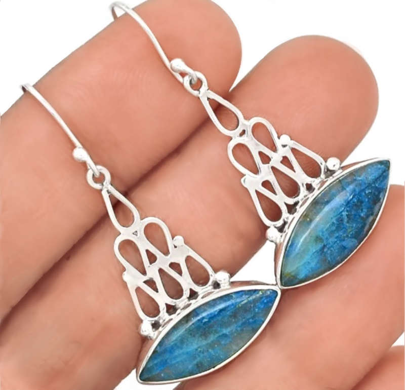 RARE Natural Lightning Azurite in Quartz  set in Solid .925 Sterling Silver Earrings