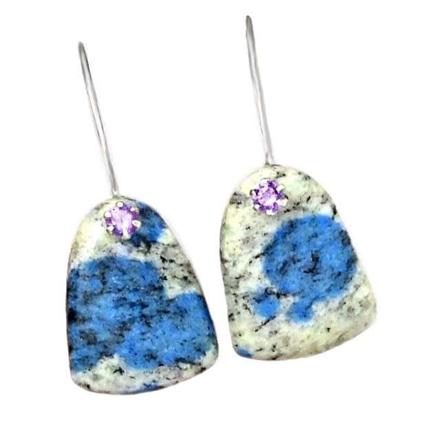 Natural K2 Blue Azurite in Quartz, Amethyst Gemstone .925 Sterling Silver Earrings