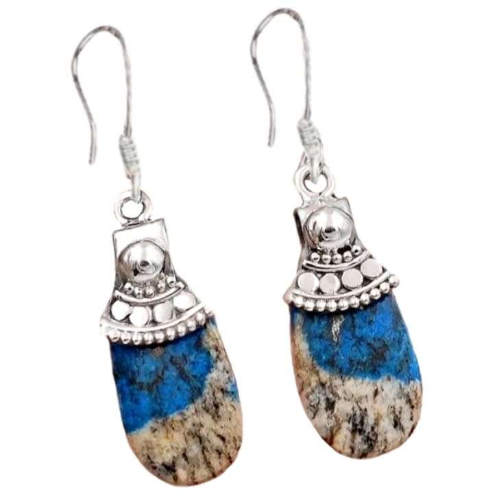 Natural K2 Blue Azurite in Quartz, Amethyst Gemstone .925 Sterling Silver Earrings