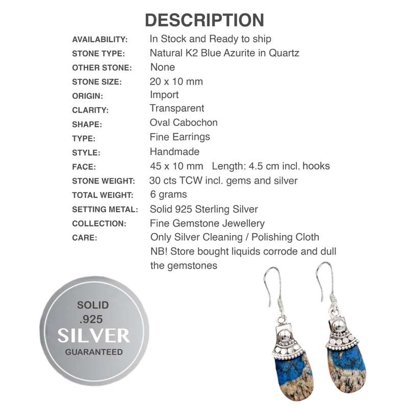 Natural K2 Blue Azurite in Quartz, Amethyst Gemstone .925 Sterling Silver Earrings