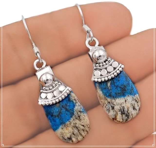 Natural K2 Blue Azurite in Quartz, Amethyst Gemstone .925 Sterling Silver Earrings