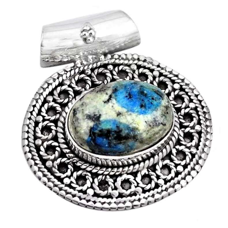 Victorian Natural K2 Blue Azurite in Quartz Gemstone in Solid .925 Sterling Silver Dainty Pendant