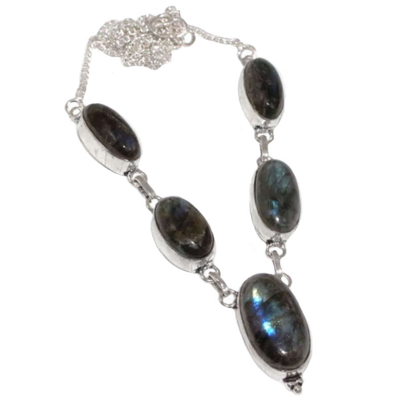 Natural Labradorite Oval Gemstones set in 925 Sterling Silver Plated Handmade Necklace