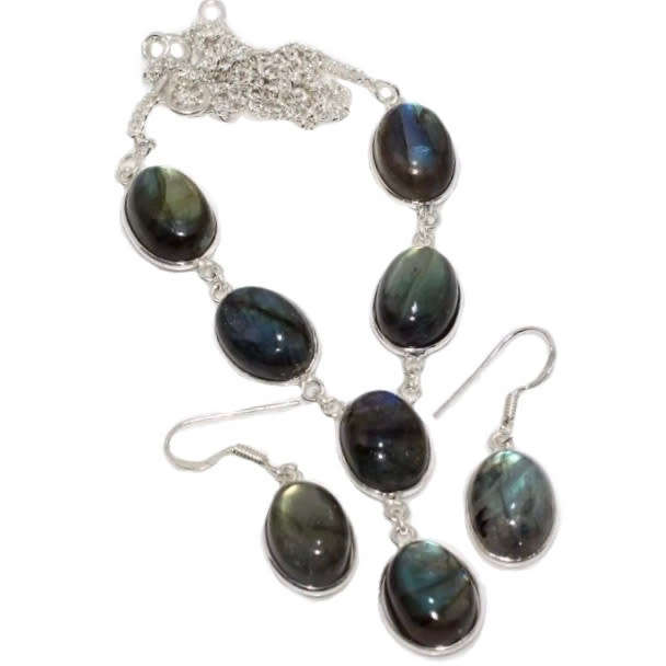 Natural Labradorite Oval Gemstones set in 925 Sterling Silver Plated Necklace and Earrings Set