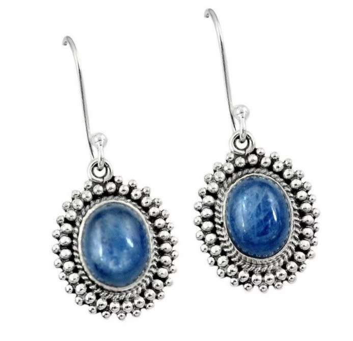 Natural Kyanite Oval Gemstone set in Solid .925 Sterling Silver Antique Style Earrings