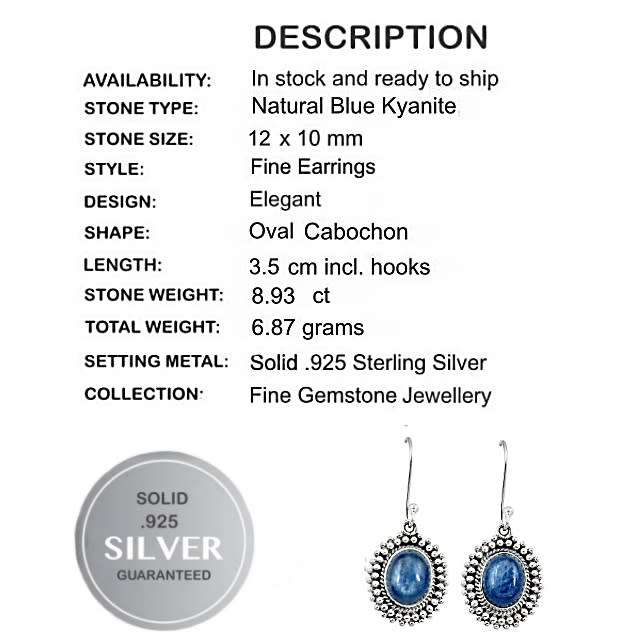 Natural Kyanite Oval Gemstone set in Solid .925 Sterling Silver Antique Style Earrings