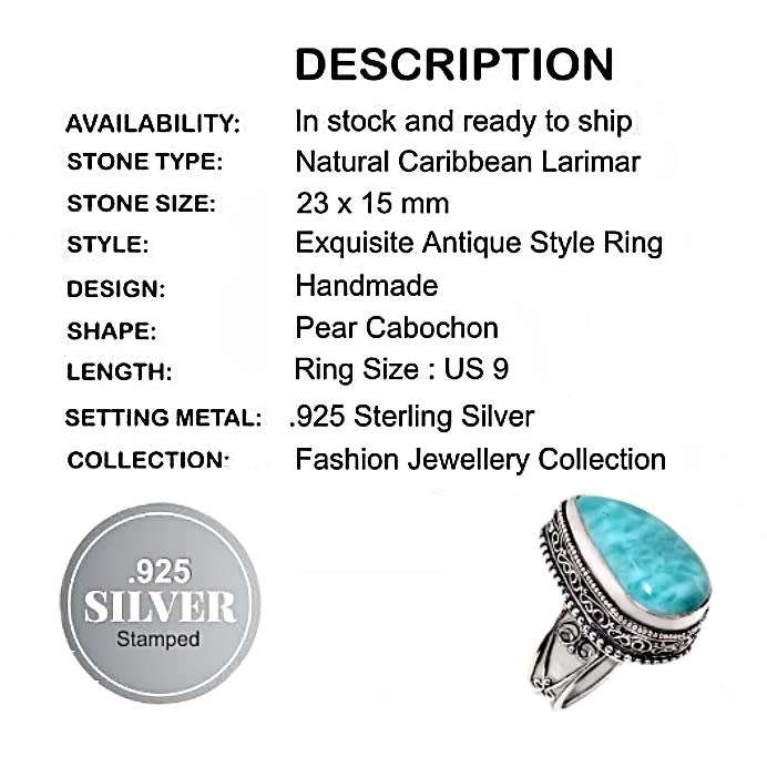 Natural Caribbean Larimar Pear Shape Gemstone in .925 Sterling Silver Plated Ring US 9 or R1/2