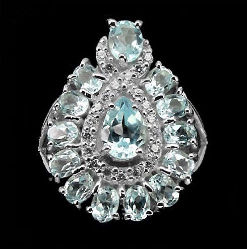 Deluxe 14 Natural Sky Blue Topaz, White Cubic Zirconia  Gemstone  Solid .925 Silver Size 6.5 or N