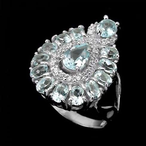 Deluxe 14 Natural Sky Blue Topaz, White Cubic Zirconia  Gemstone  Solid .925 Silver Size 6.5 or N