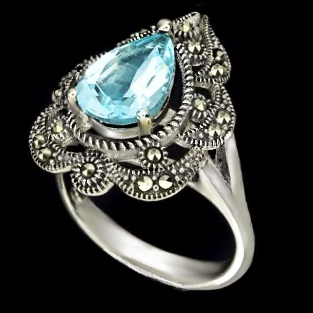 Natural Pear Shape Sky Blue Topaz Marcasite Solid .925 Sterling Silver Size 7 OR O