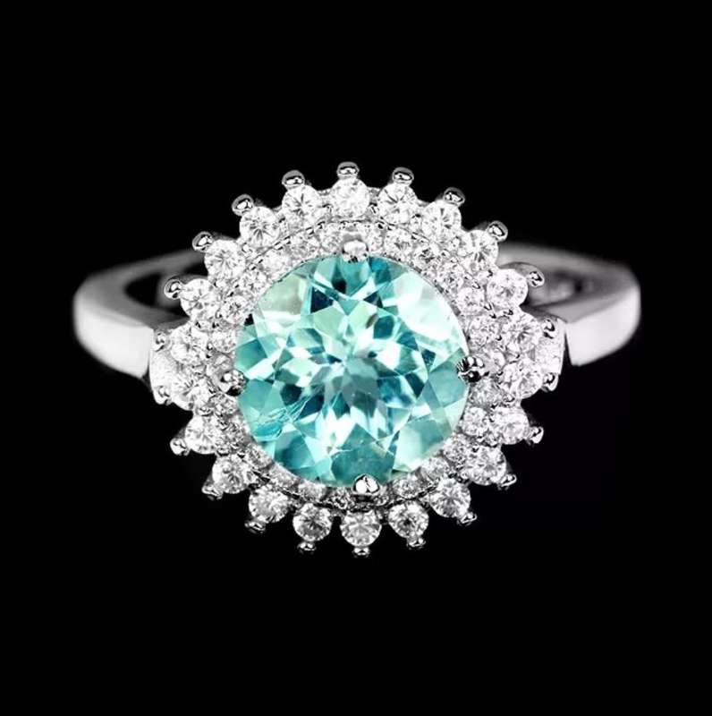 Deluxe Natural Sky Blue Topaz, White Cubic Zirconia Gemstone in Solid .925 Sterling Silver Size 8/ Q