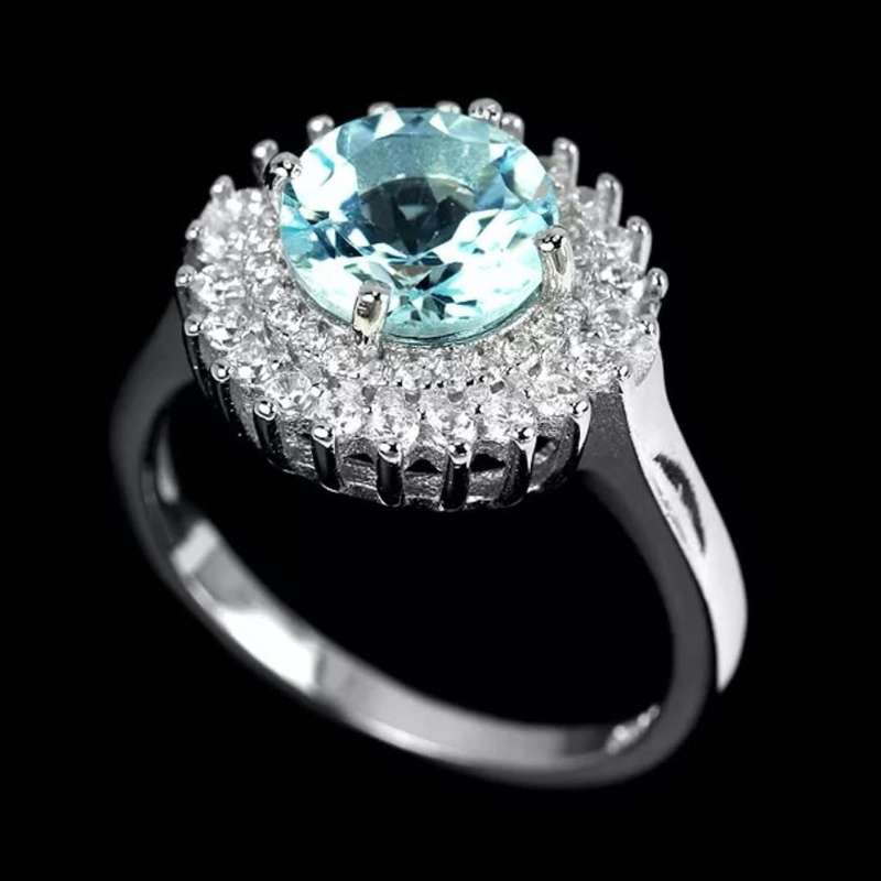 Deluxe Natural Sky Blue Topaz, White Cubic Zirconia Gemstone in Solid .925 Sterling Silver Size 8/ Q