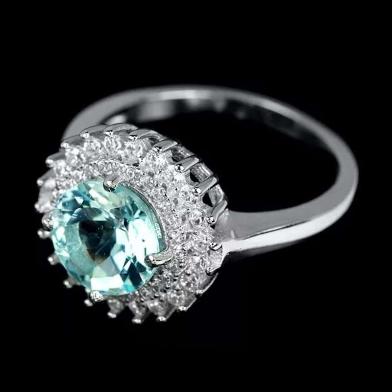Deluxe Natural Sky Blue Topaz, White Cubic Zirconia Gemstone in Solid .925 Sterling Silver Size 8/ Q