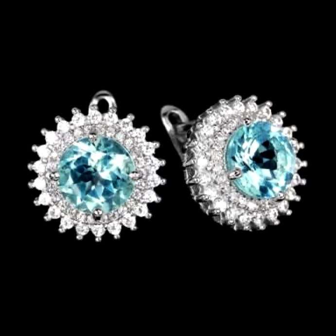 Huge Saving -Natural Blue Topaz Diamond Cut CZ Solid  925 Sterling Silver Pendant and Earrings