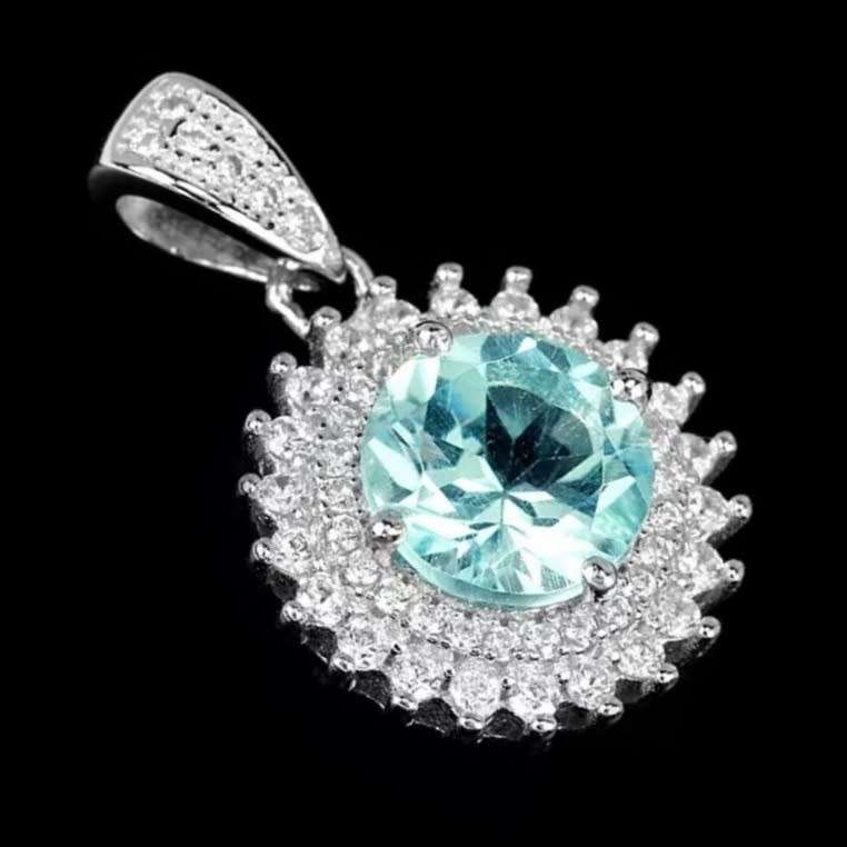 Huge Saving -Natural Blue Topaz Diamond Cut CZ Solid  925 Sterling Silver Pendant and Earrings